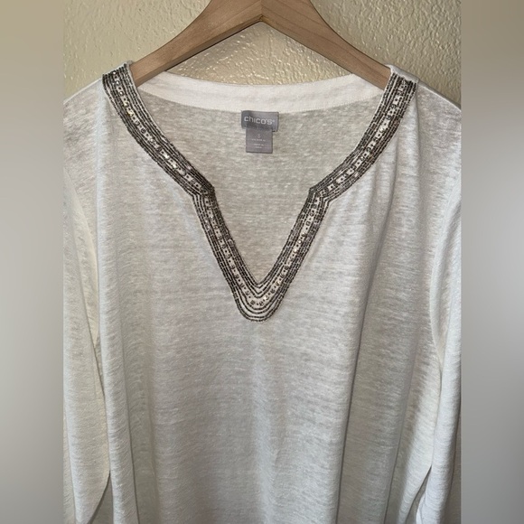 Chico’s 100% Linen Embellished V-Neck Tunic White Size XL - Picture 3 of 12